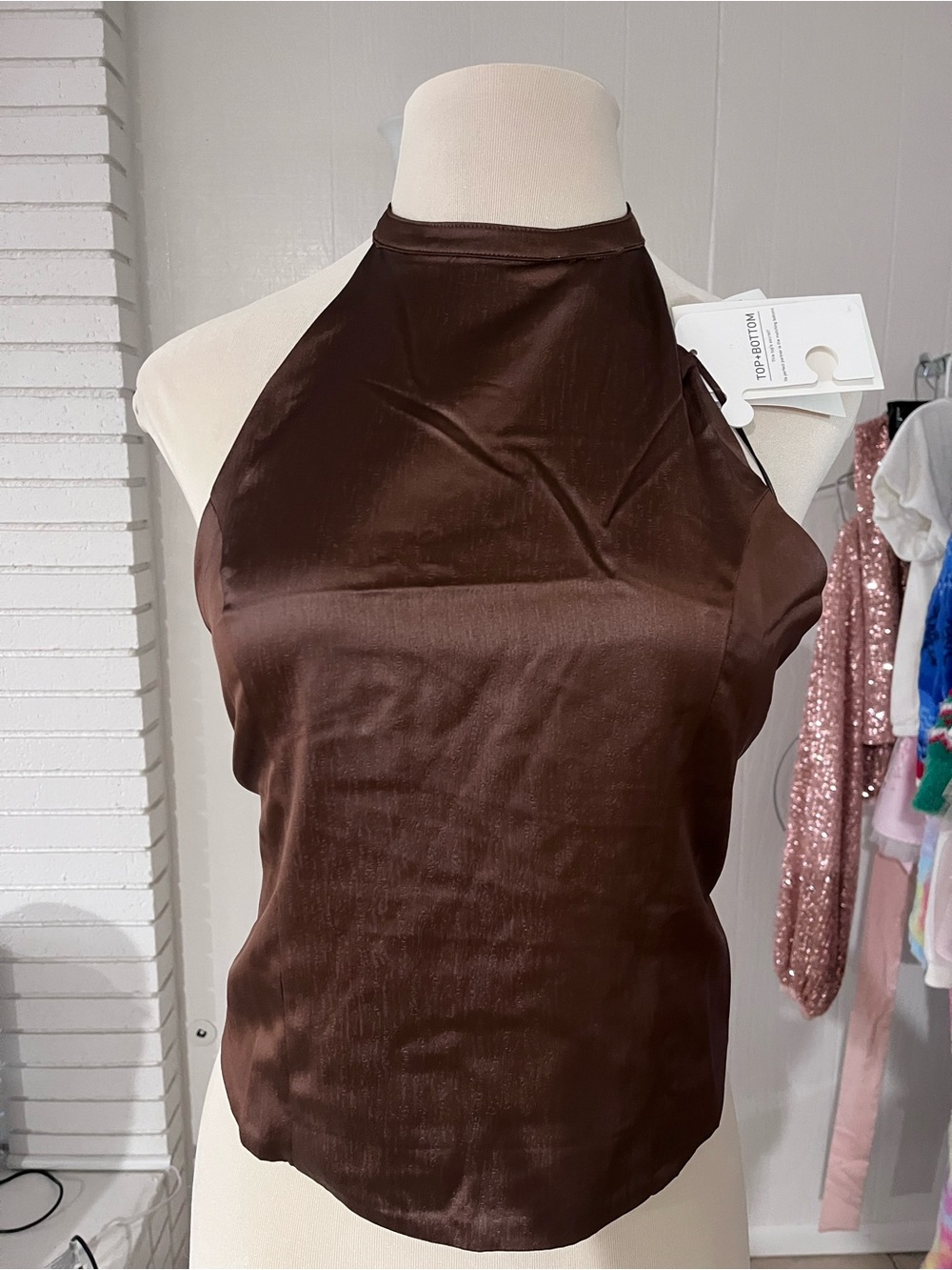 The Set Satin Halter Top and Pants in Rich Chocolate Brown